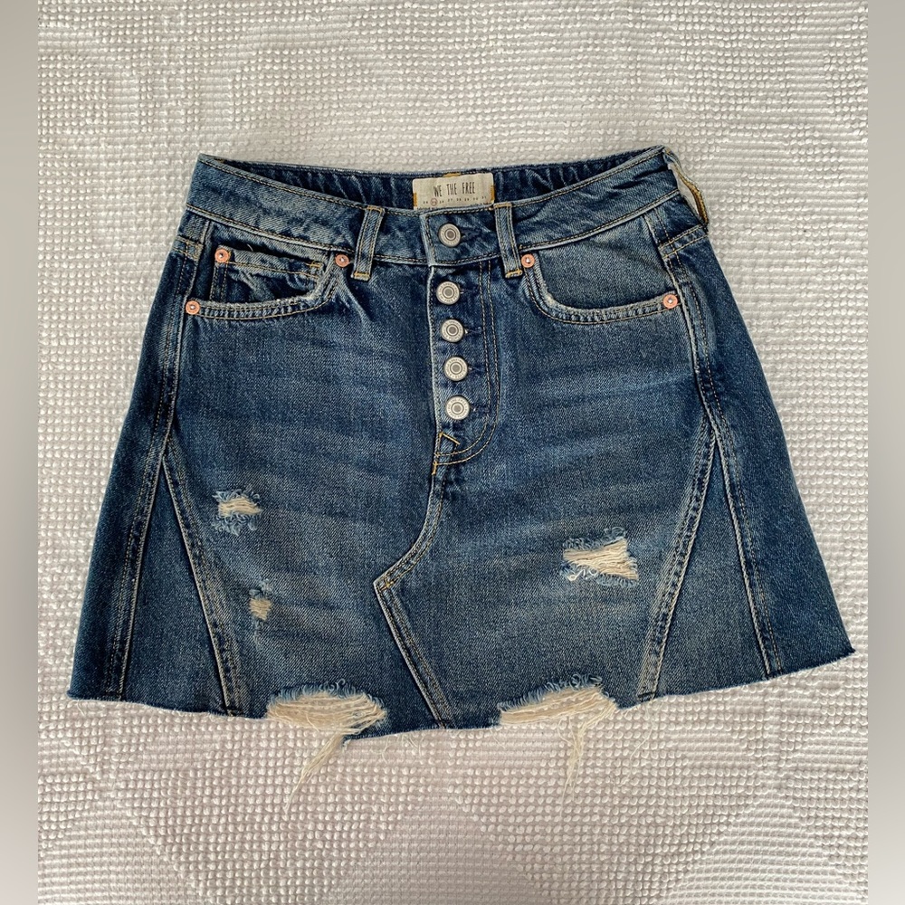 Free People We the Free Medium Wash Distressed Denim Skirt